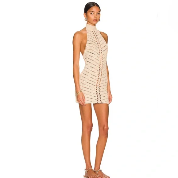 NWOT $218 Revolve Camila Coelho Lyssa Hand Crochet Halter Mini Dress in Sand Med - Picture 2 of 16